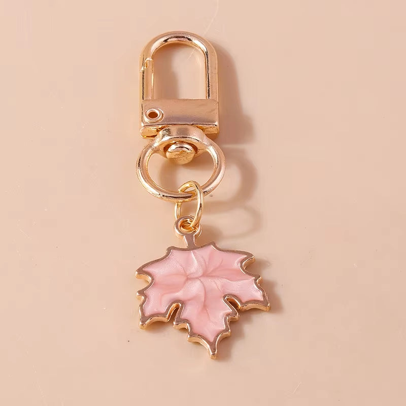 Cute Enamel Pearl Maple Leaf Keychain Plant Key Ring Pendant for Women Girls Handbag Decor DIY Key Holder Jewelry Gifts
