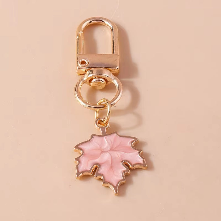 Cute Enamel Pearl Maple Leaf Keychain Plant Key Ring Pendant for Women Girls Handbag Decor DIY Key Holder Jewelry Gifts