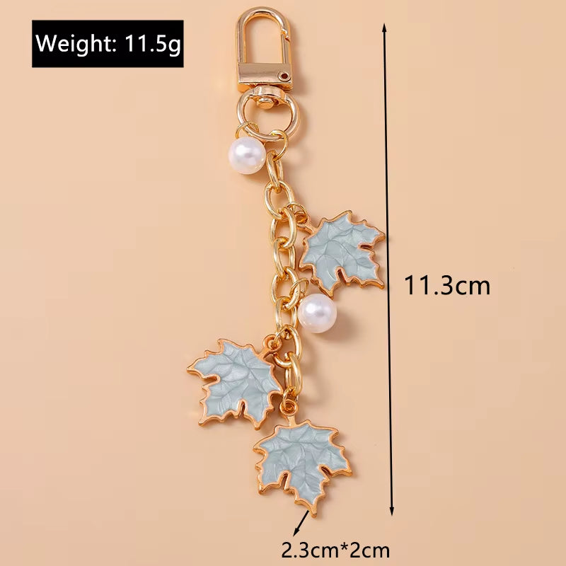 Cute Enamel Pearl Maple Leaf Keychain Plant Key Ring Pendant for Women Girls Handbag Decor DIY Key Holder Jewelry Gifts