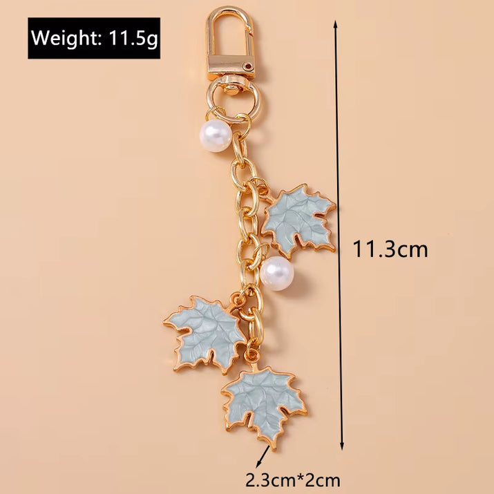 Cute Enamel Pearl Maple Leaf Keychain Plant Key Ring Pendant for Women Girls Handbag Decor DIY Key Holder Jewelry Gifts