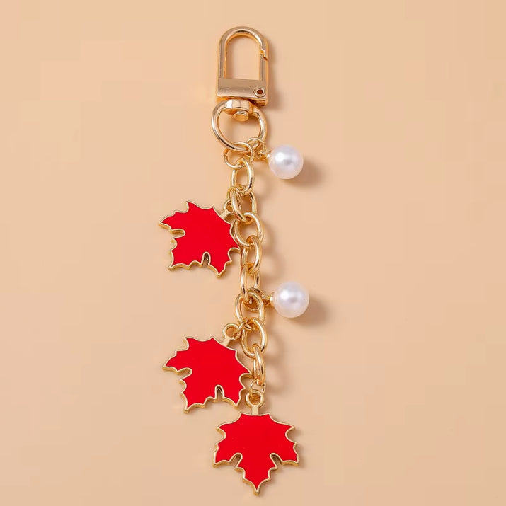 Cute Enamel Pearl Maple Leaf Keychain Plant Key Ring Pendant for Women Girls Handbag Decor DIY Key Holder Jewelry Gifts
