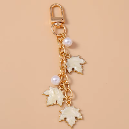 Cute Enamel Pearl Maple Leaf Keychain Plant Key Ring Pendant for Women Girls Handbag Decor DIY Key Holder Jewelry Gifts