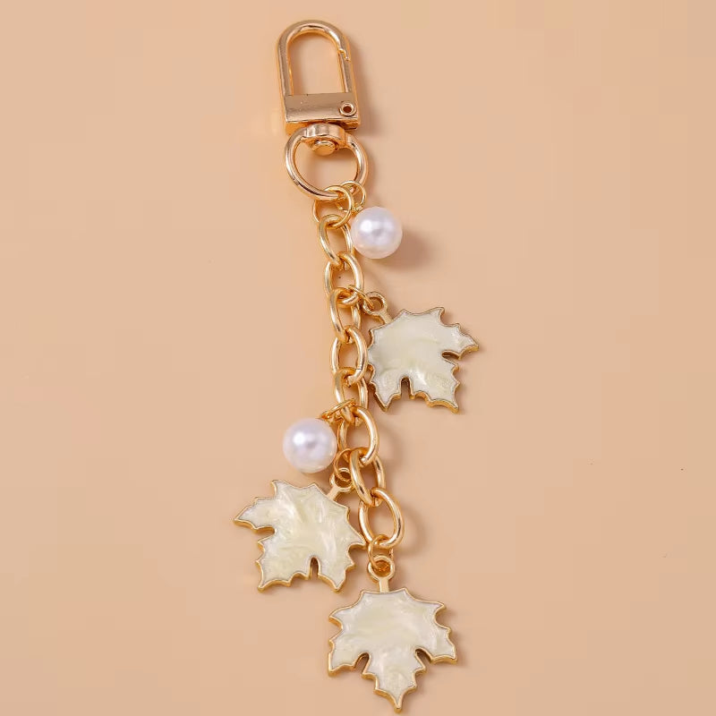 Cute Enamel Pearl Maple Leaf Keychain Plant Key Ring Pendant for Women Girls Handbag Decor DIY Key Holder Jewelry Gifts