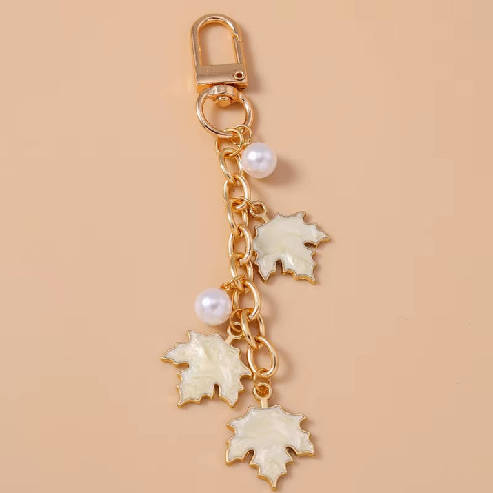 Cute Enamel Pearl Maple Leaf Keychain Plant Key Ring Pendant for Women Girls Handbag Decor DIY Key Holder Jewelry Gifts