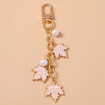 Cute Enamel Pearl Maple Leaf Keychain Plant Key Ring Pendant for Women Girls Handbag Decor DIY Key Holder Jewelry Gifts