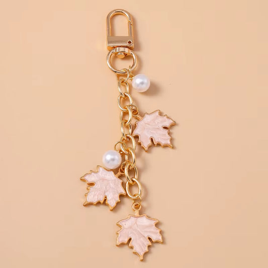 Cute Enamel Pearl Maple Leaf Keychain Plant Key Ring Pendant for Women Girls Handbag Decor DIY Key Holder Jewelry Gifts