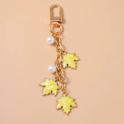 Cute Enamel Pearl Maple Leaf Keychain Plant Key Ring Pendant for Women Girls Handbag Decor DIY Key Holder Jewelry Gifts