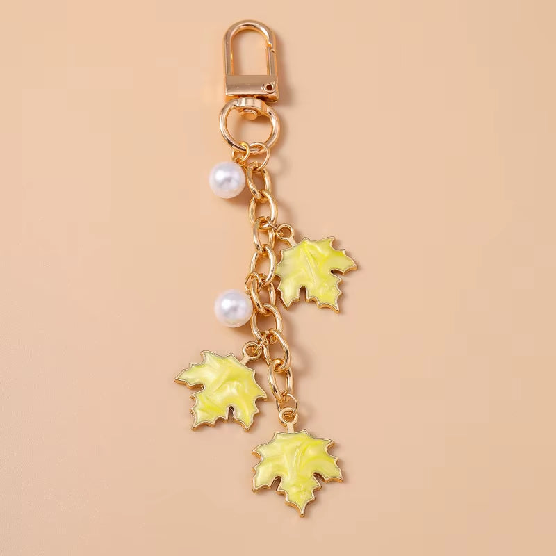Cute Enamel Pearl Maple Leaf Keychain Plant Key Ring Pendant for Women Girls Handbag Decor DIY Key Holder Jewelry Gifts