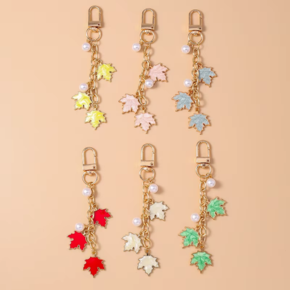 Cute Enamel Pearl Maple Leaf Keychain Plant Key Ring Pendant for Women Girls Handbag Decor DIY Key Holder Jewelry Gifts