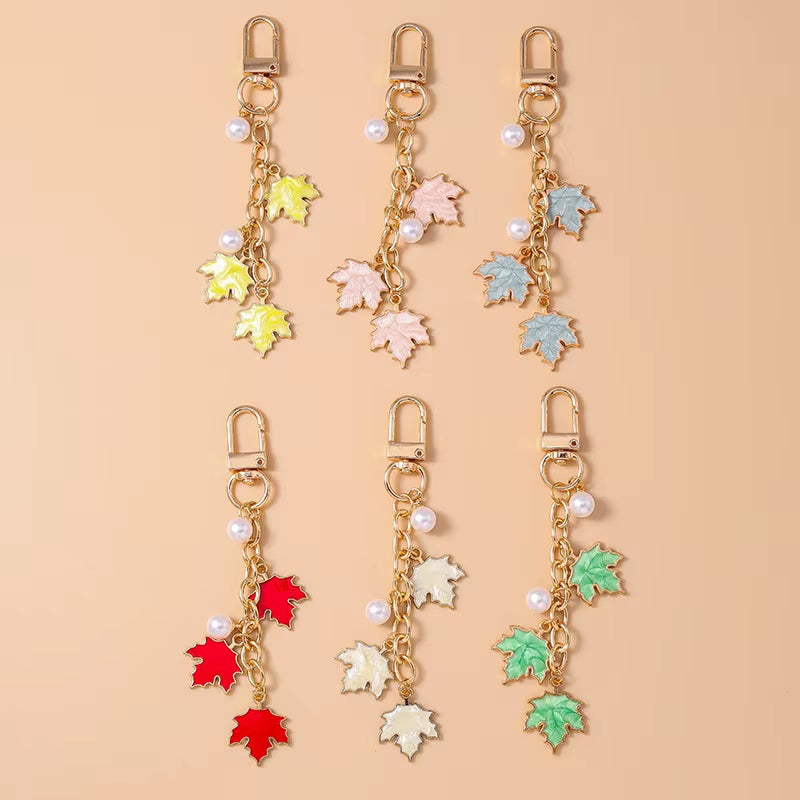 Cute Enamel Pearl Maple Leaf Keychain Plant Key Ring Pendant for Women Girls Handbag Decor DIY Key Holder Jewelry Gifts