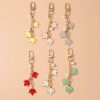 Cute Enamel Pearl Maple Leaf Keychain Plant Key Ring Pendant for Women Girls Handbag Decor DIY Key Holder Jewelry Gifts
