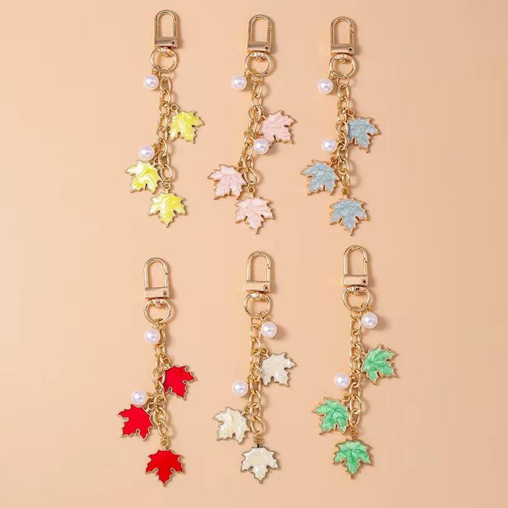 Cute Enamel Pearl Maple Leaf Keychain Plant Key Ring Pendant for Women Girls Handbag Decor DIY Key Holder Jewelry Gifts