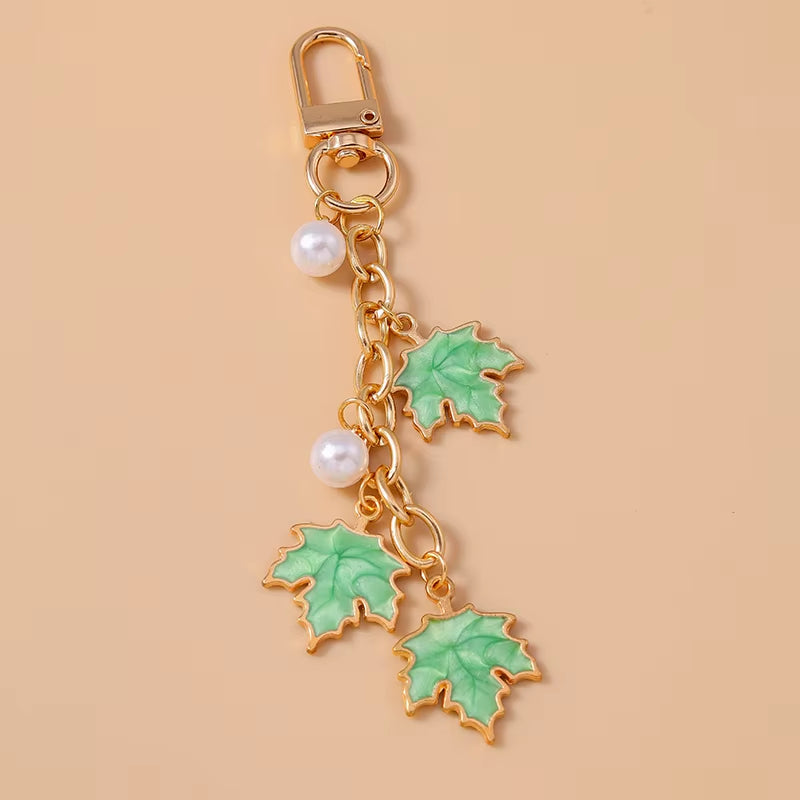 Cute Enamel Pearl Maple Leaf Keychain Plant Key Ring Pendant for Women Girls Handbag Decor DIY Key Holder Jewelry Gifts